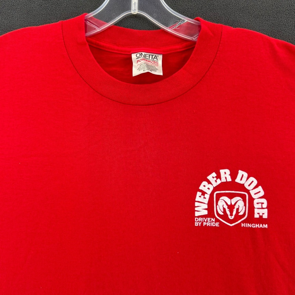 Vintage Oneita Weber Dodge Hingham T-Shirt Mens XL Red Ram Logo Graphic Tee